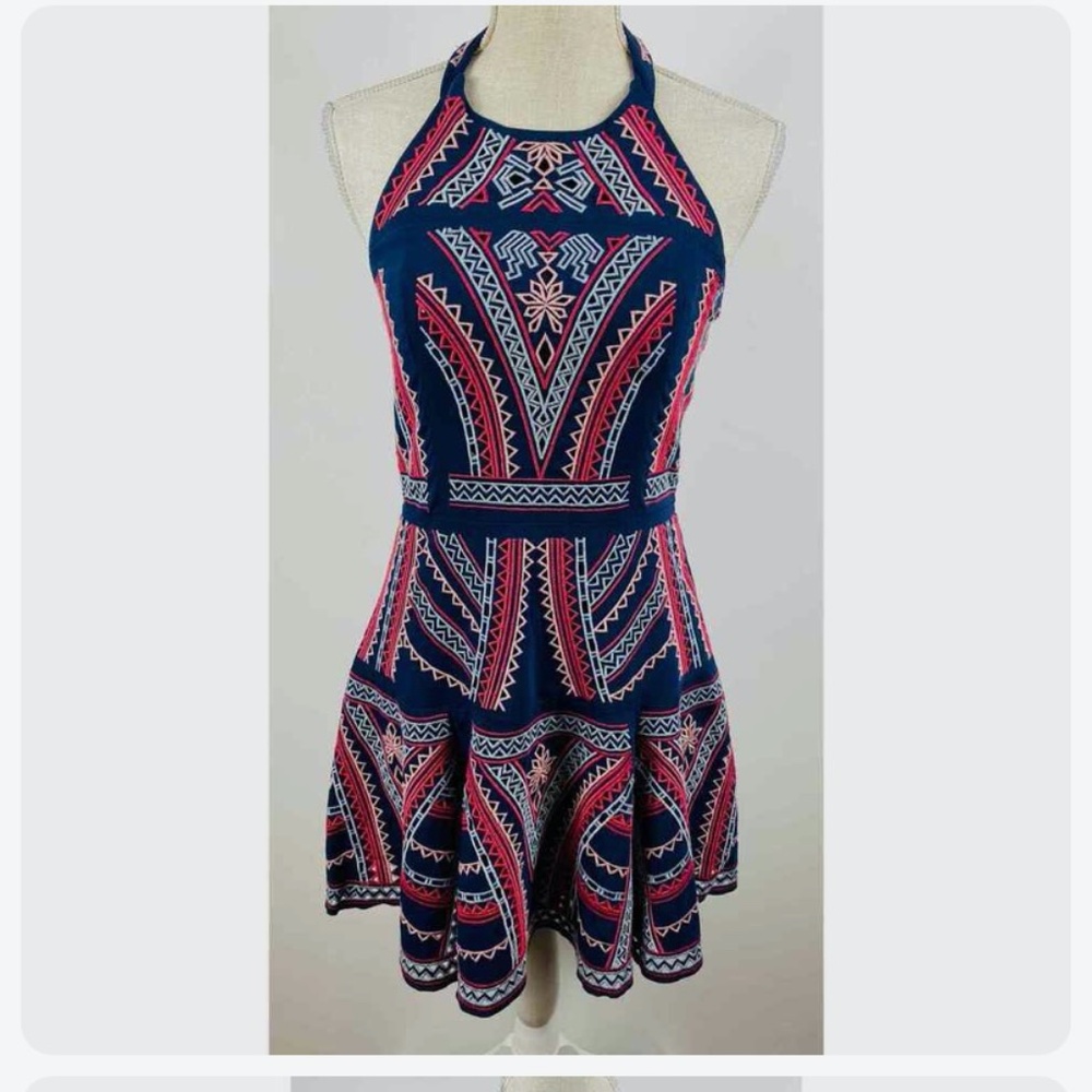 Parker Pink and Blue Fit and Flare Open Back Dress - Women's Small